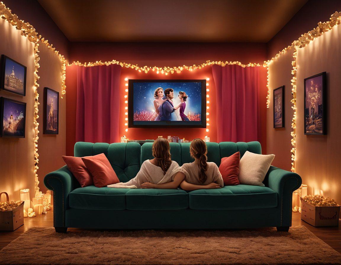 A cozy movie theater setting, with a couple cuddling on a plush sofa, surrounded by heart-shaped popcorn boxes and flickering candle lights. The screen in front displays an iconic romantic movie scene, while soft shadows dance across the walls, creating a dreamy ambiance. Overhead, twinkling fairy lights add a touch of magic. vibrant colors. warm lighting. super-realistic.