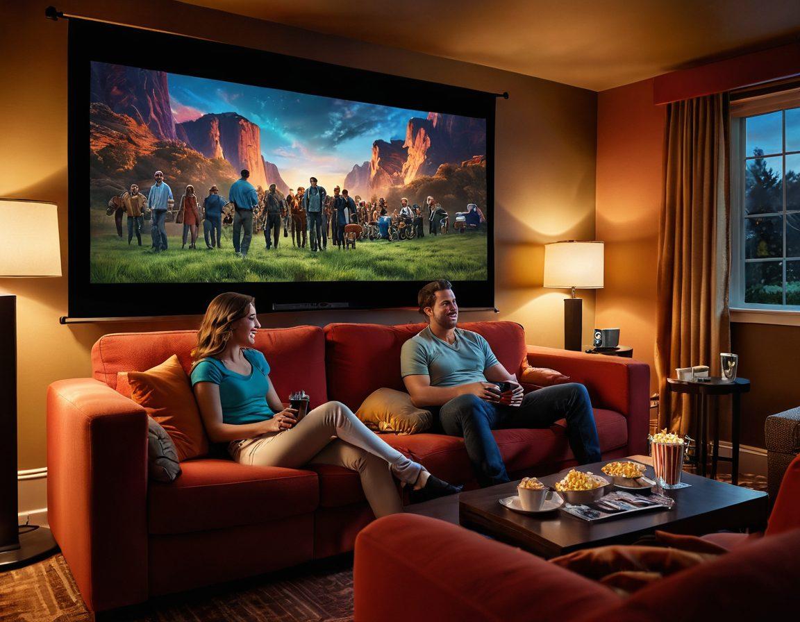 A cozy home theater setup with plush seating, a giant screen displaying a vibrant movie scene, dim ambient lighting with popcorn and drinks on a side table, adding an inviting atmosphere. Include silhouettes of friends laughing and enjoying the film together. The image should evoke warmth and excitement for movie nights. super-realistic. vibrant colors. warm lighting.