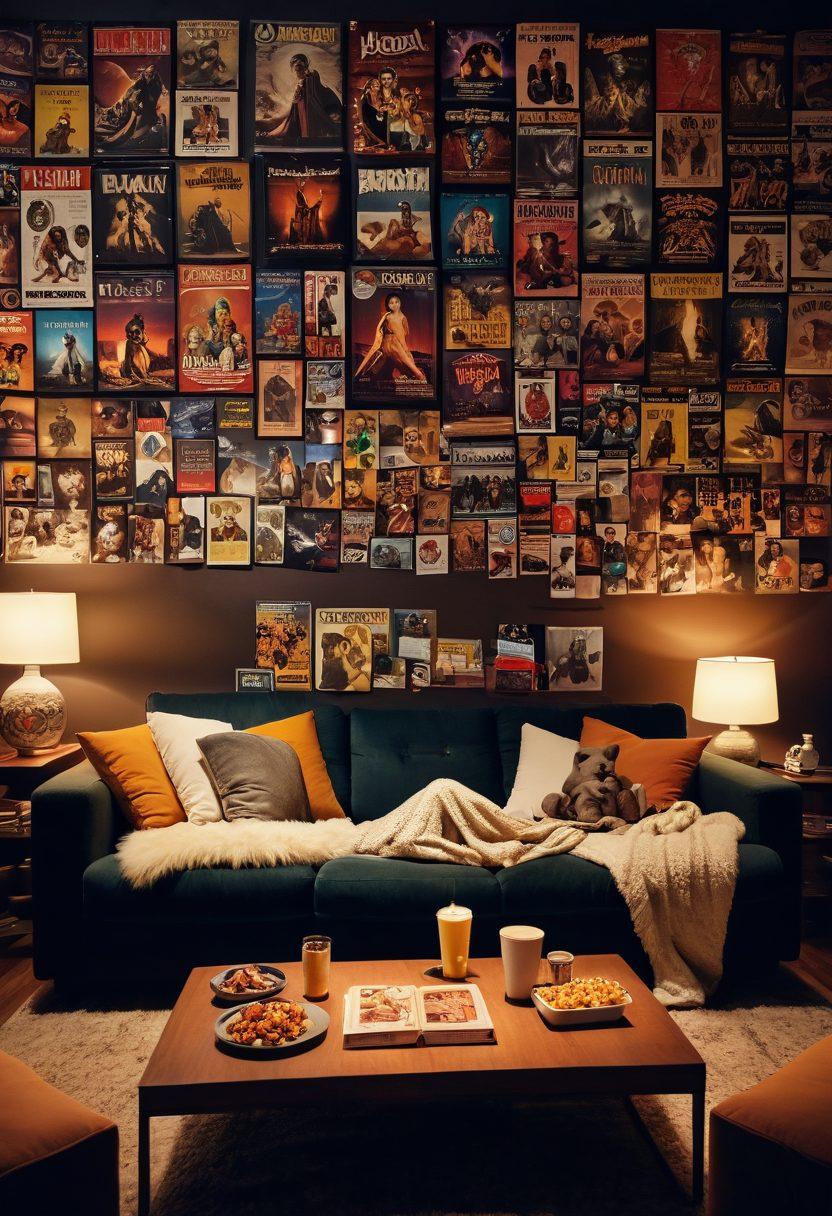A cozy, dimly lit living room featuring a couple snuggled on a couch, surrounded by a variety of movie posters representing both blockbusters and indie films. A diverse selection of popcorn and snacks on a coffee table, while a projector displays a film on a blank wall. Warm colors and soft lighting create an inviting atmosphere perfect for a date night. super-realistic. warm tones. inviting ambiance.